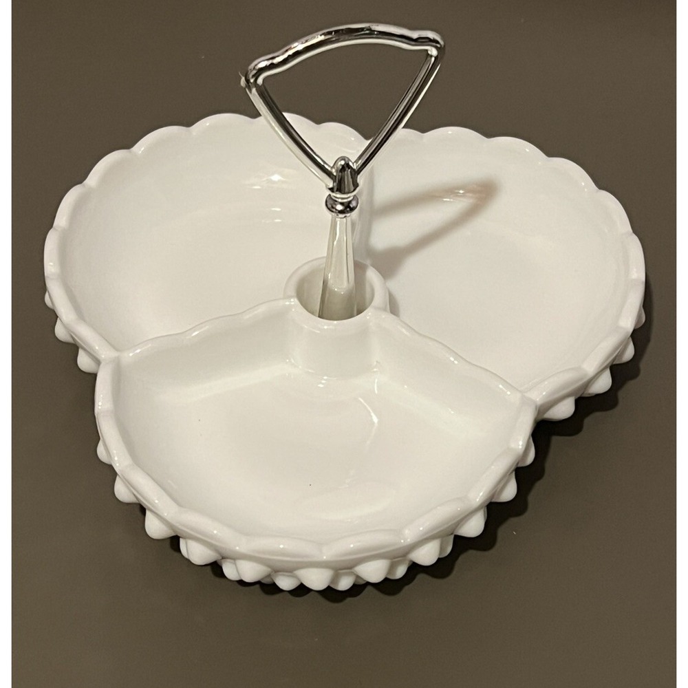 Fenton Milk Glass Hobnail‎ 3 section, Divided Candy/Relish Dish, Center Handle